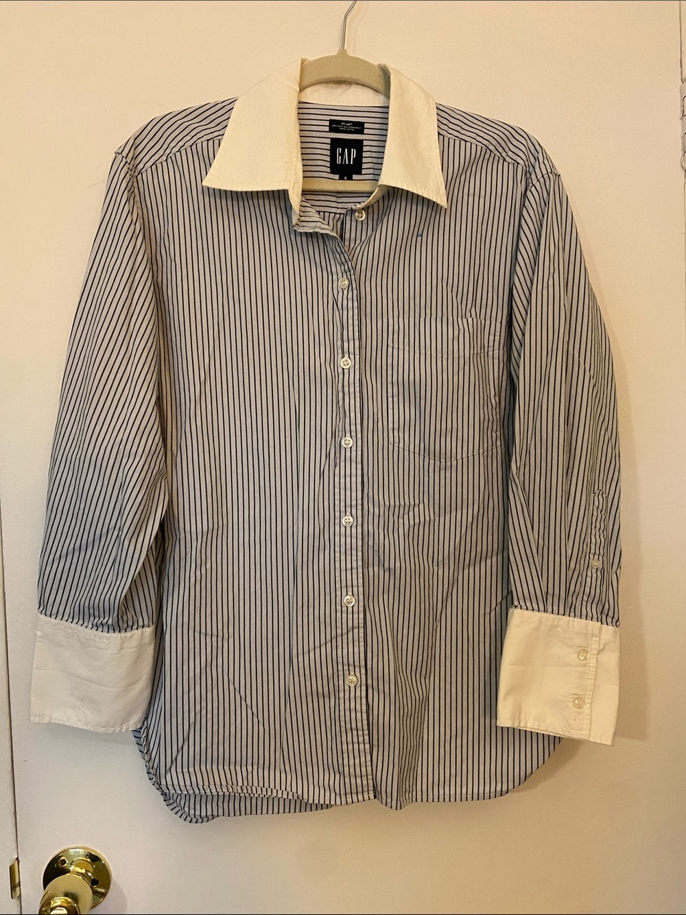 GAP Women’s Oversized Navy Stripe Dress Shirt with White Collar and Cuffs